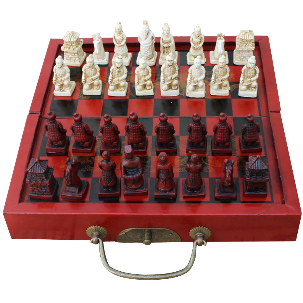 Set Chinese Chess Set Folding Warriors In  Cotta Wooden Resin Red Board