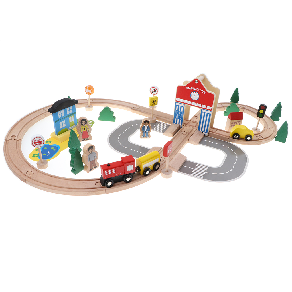 Wooden 50PCS Train Railway Tack Set - Kids Train Car Push Along Playset Toy