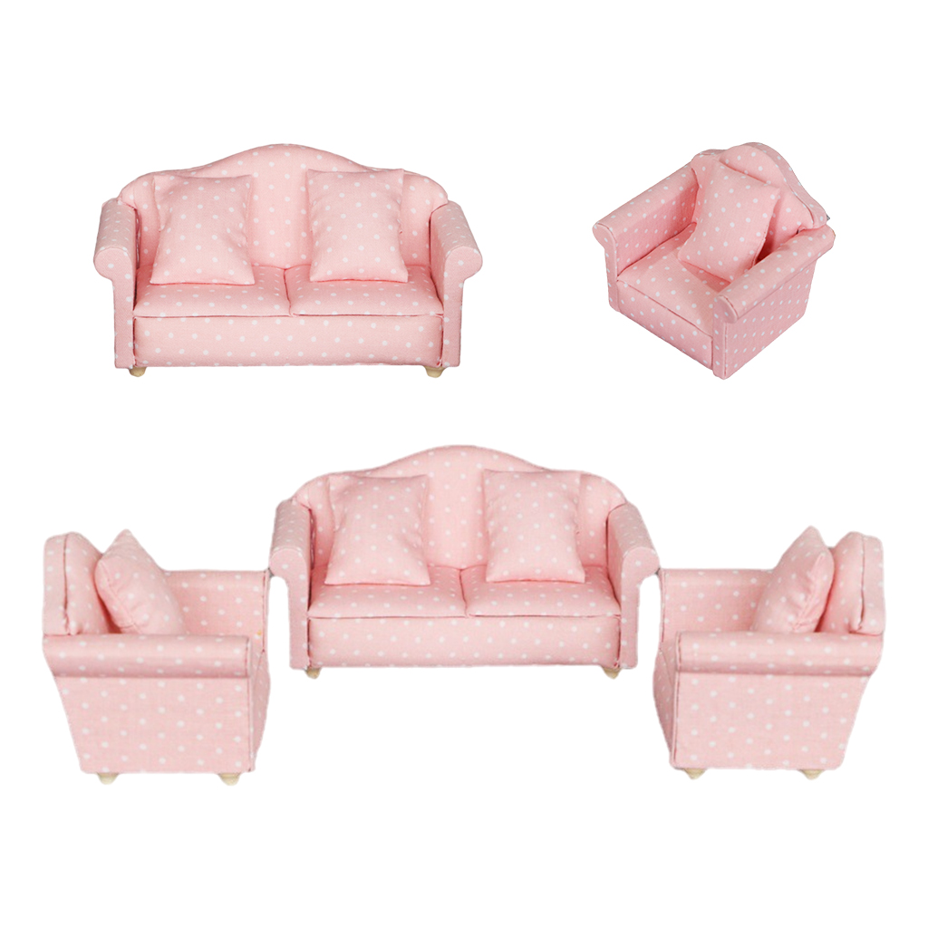 Wooden Mini Pink Sofa & Cushion Furniture for 1:12 Doll House Decorative