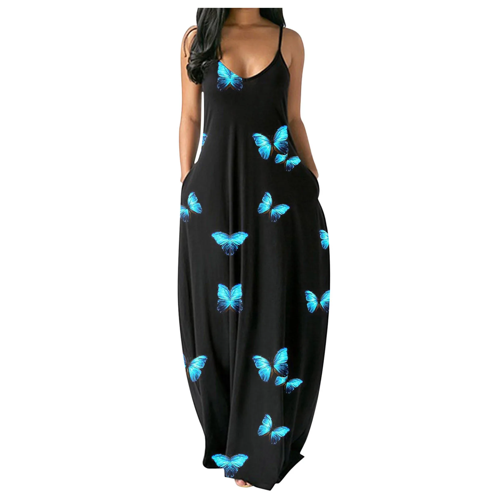 Women Plus Size Summer Sexy V-Neck Butterfly Print Sleeveless Pullover Long Dresses Off Shoulder Beach Holiday Party Wear Robe monsoon dresses