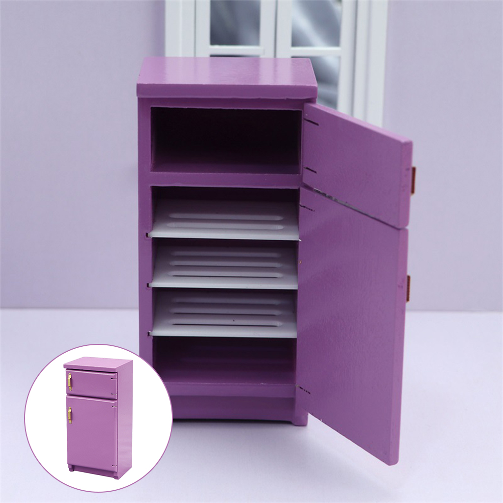 Purple 1/12 Miniature Wooden Fridge Dollhouse Accessory Kitchen Furniture