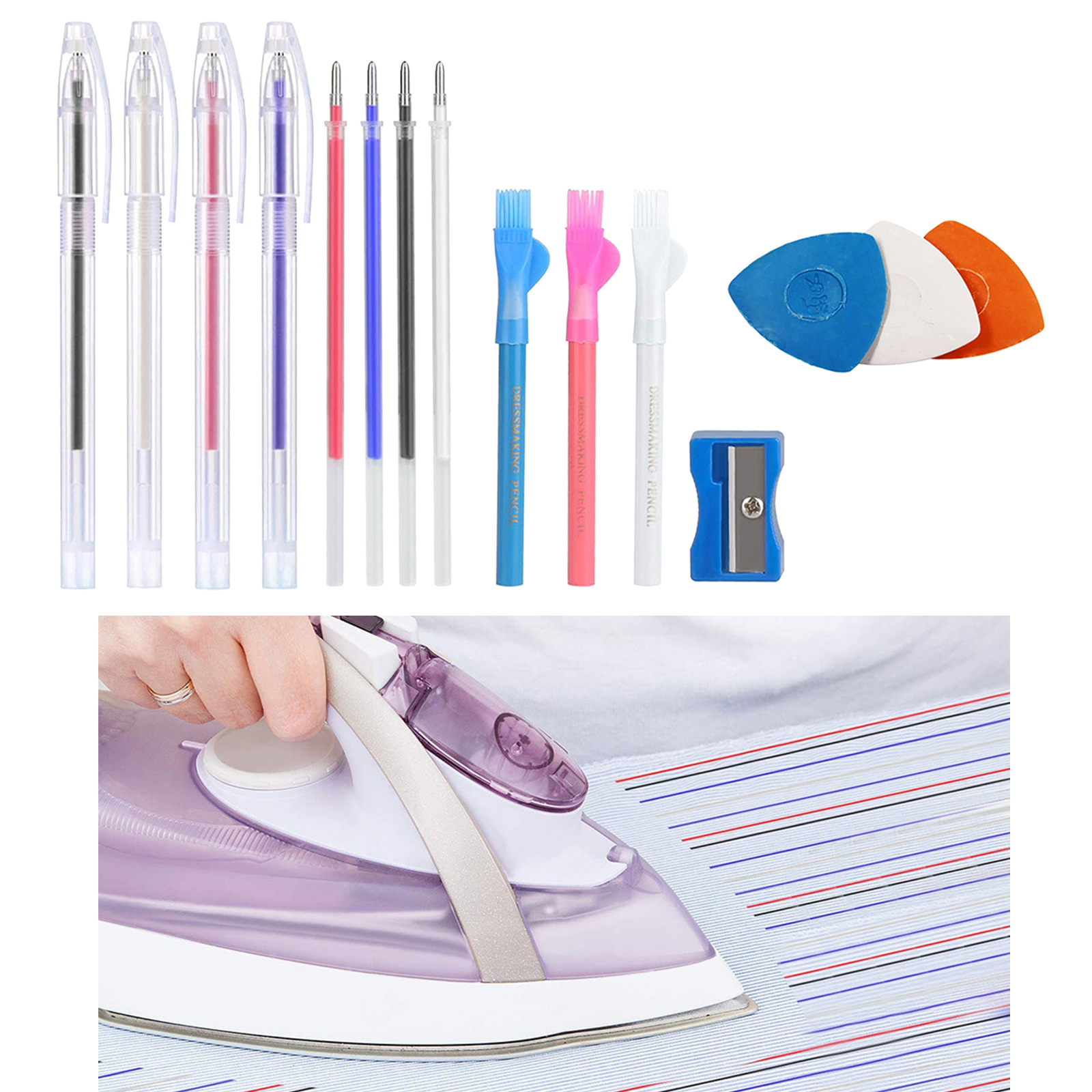 4pcs Heat Erasable Pens with 4pcs Refills, Fabric Marking Pencil Heat Erase Pens, Pencils, Chalk and Pencil sharpener