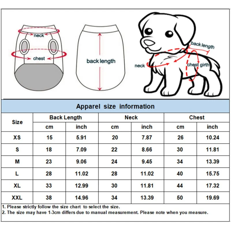 Una tabla de tallas de ropa para mascotas, específicamente para perros. Incluye medidas de largo de espalda, cuello y contorno de pecho tanto en centímetros como en pulgadas. La tabla está dividida en diferentes tallas, como XS, S, M, L y XL, con las medidas correspondientes para cada talla.