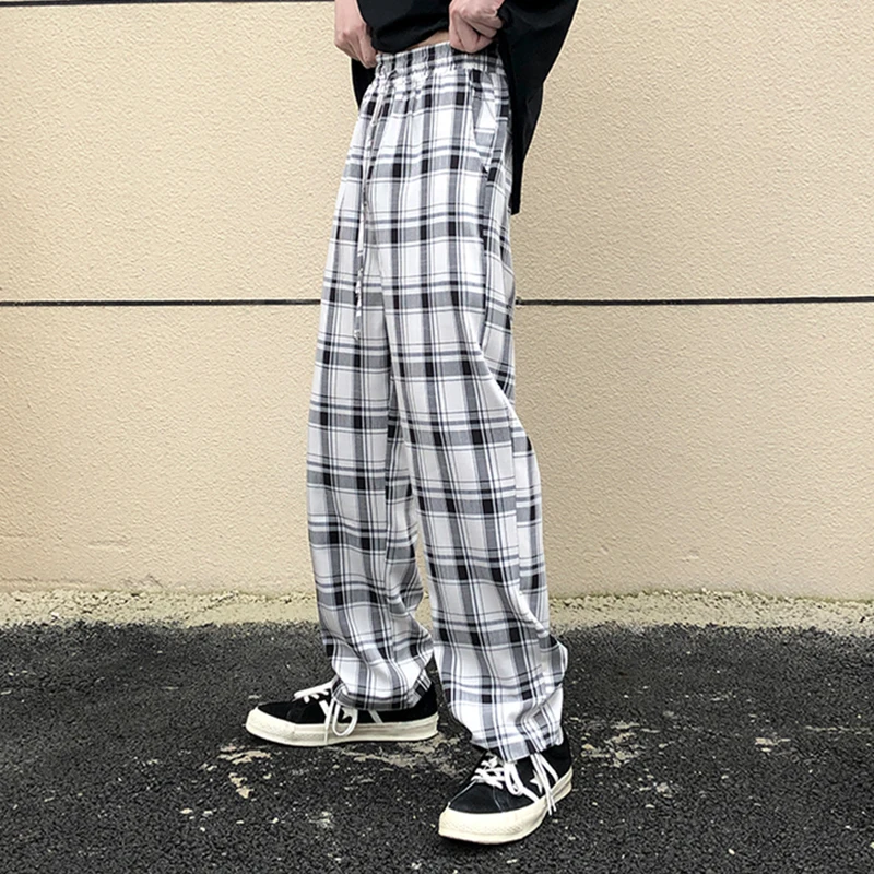 calças casuais calças largas xadrez de cordão estilo moda harajuku