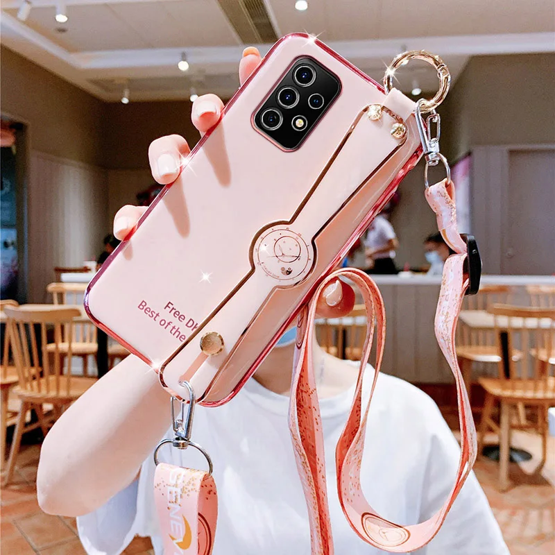 Lanyard Wrist Strap Hand Band Plating Silicone Case For Samsung Galaxy A12 A22 A32 A42 A52 A72 A82 4G 5G Soft TPU Cover cute samsung cases