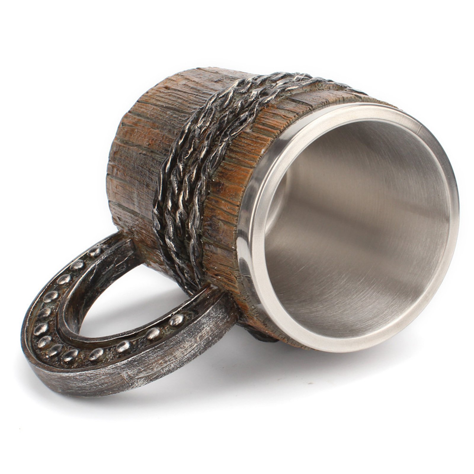 Creative Simulation Wooden Barrel Shape Beer Mug Stainless Steel Drinking Cup with Handle Coffee Drinkware