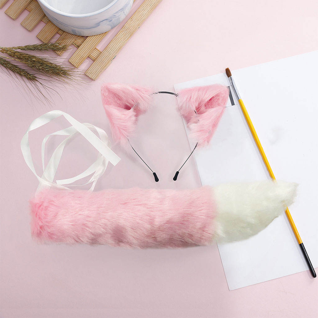 2Pcs Wolf Fox Tail Clip Ears and Choker Set Halloween Christmas Fancy Party Costume Toys Gift for Women