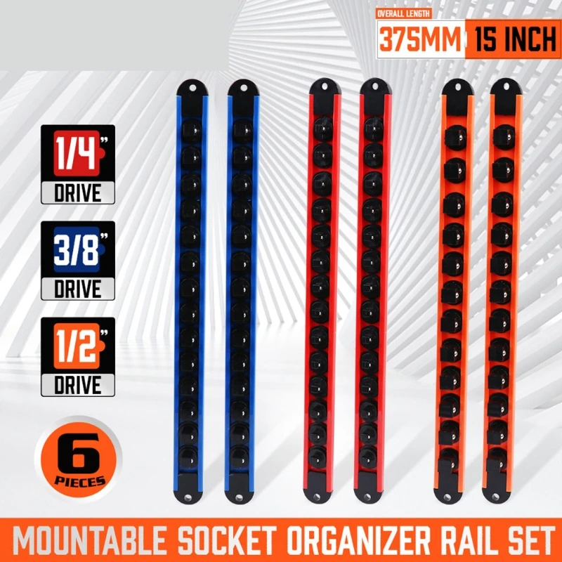 6pc Socket Organizer Mountable Sliding Holder Rail Rack Tool Storage 1/4 3/8 1/2 