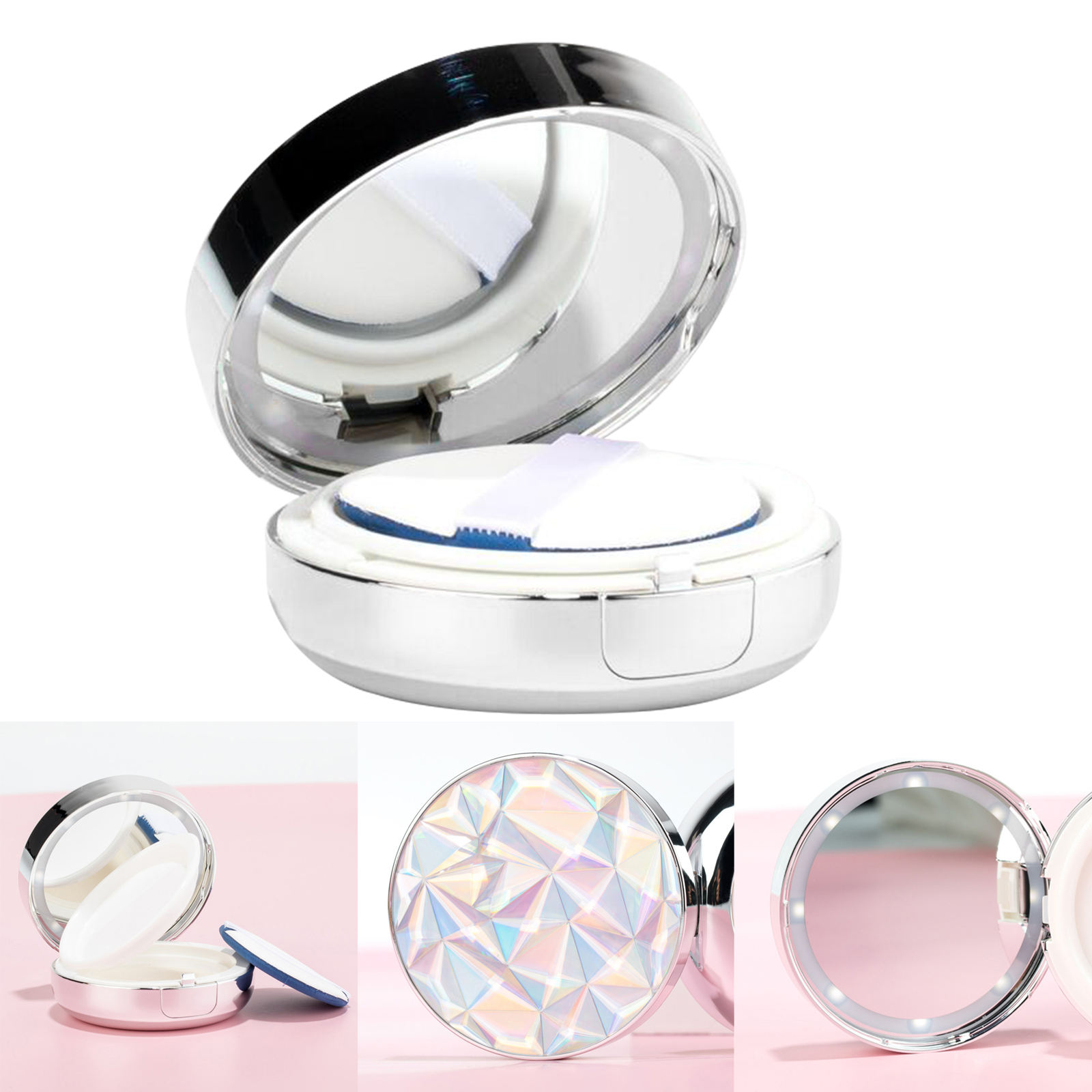 15ml 0.5oz Air Cushion Puff Box BB Cream Container for Foundation with Mirror 8 LED Lights Diamond Style