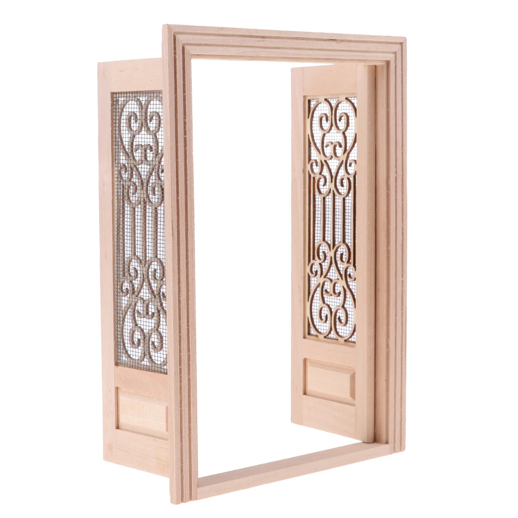 Miniature Exquisite Handmade DIY Unpainted External Wooden Double Door Accs