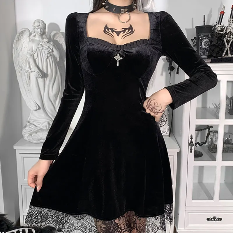 Mall Goth Vintage Black Mini Dress E-girl Aesthetic Elegant Cross Pendant High Waist Long Sleeve Party Dresses Women Streetwear