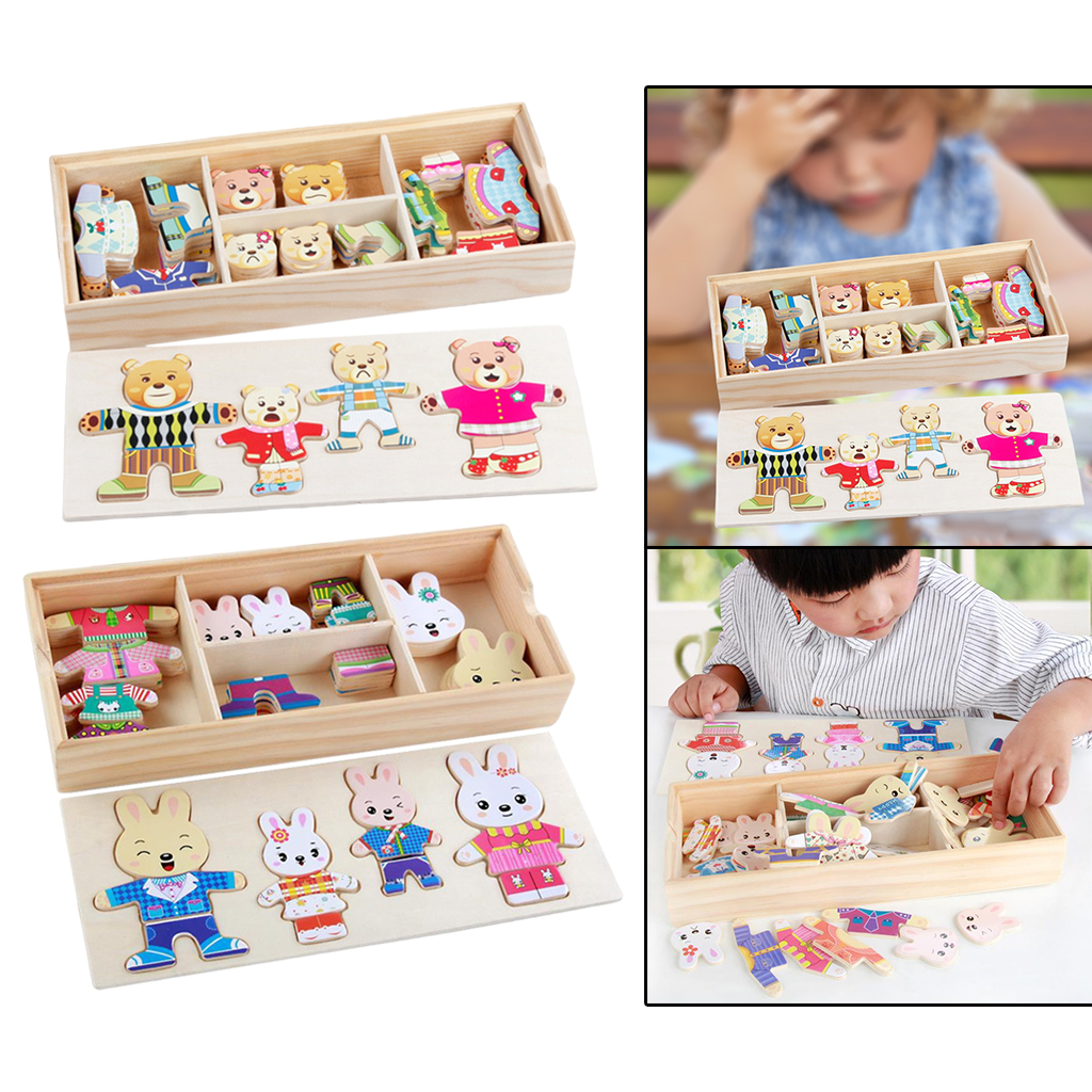 Wooden Puzzle Toy Changing Clothes Dress Up Bears/ Rabbits Sorting Matching Toys