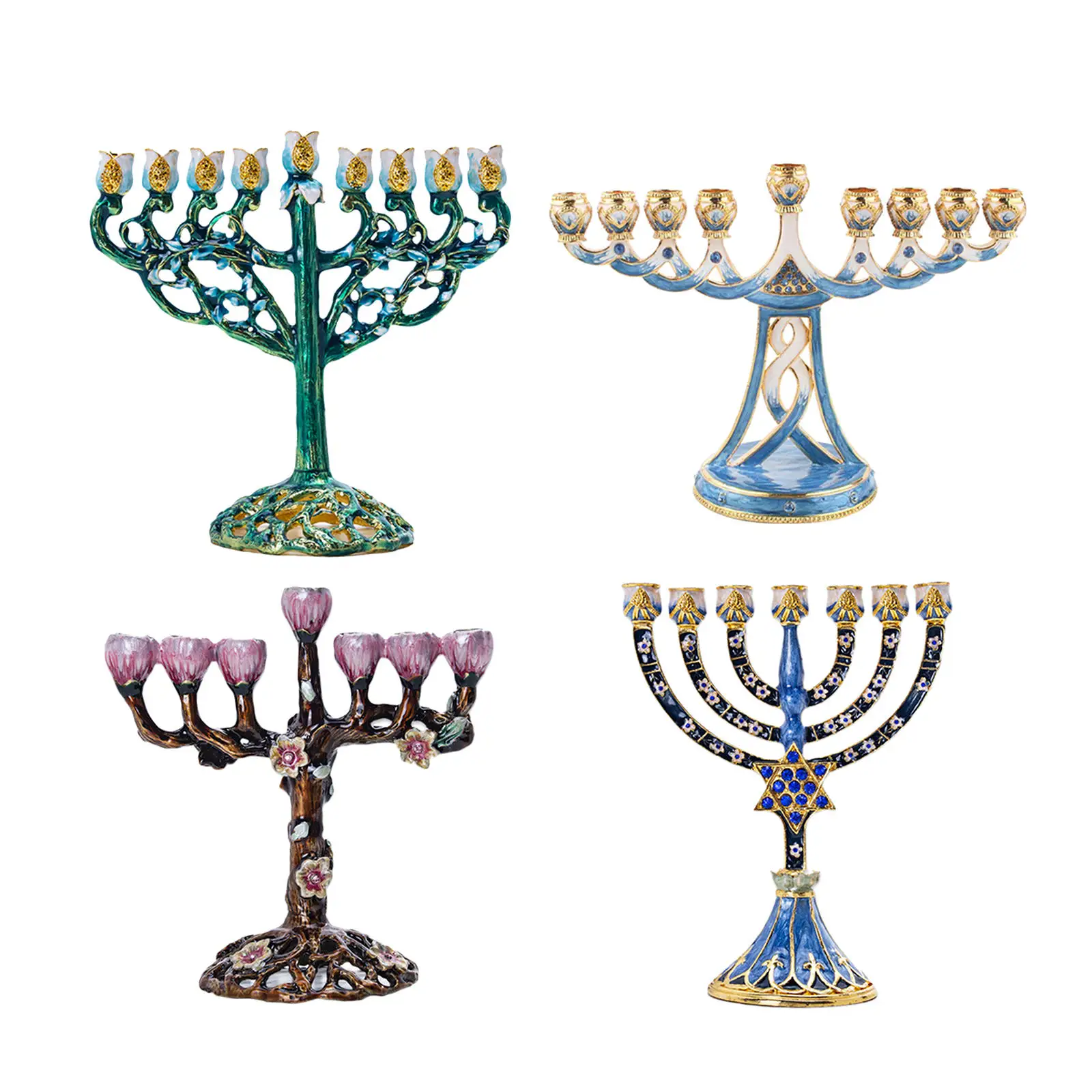 Hand Painted Hanukkah Enamel Menorah with Jeweled Accents Bejeweled Candelabra Candle Holder