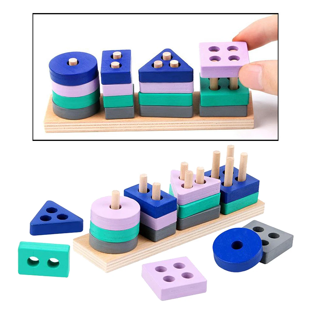 16pcs Wooden Geometric Shapes Stacking Shape Sorter Sorting Toy Stacking Game 