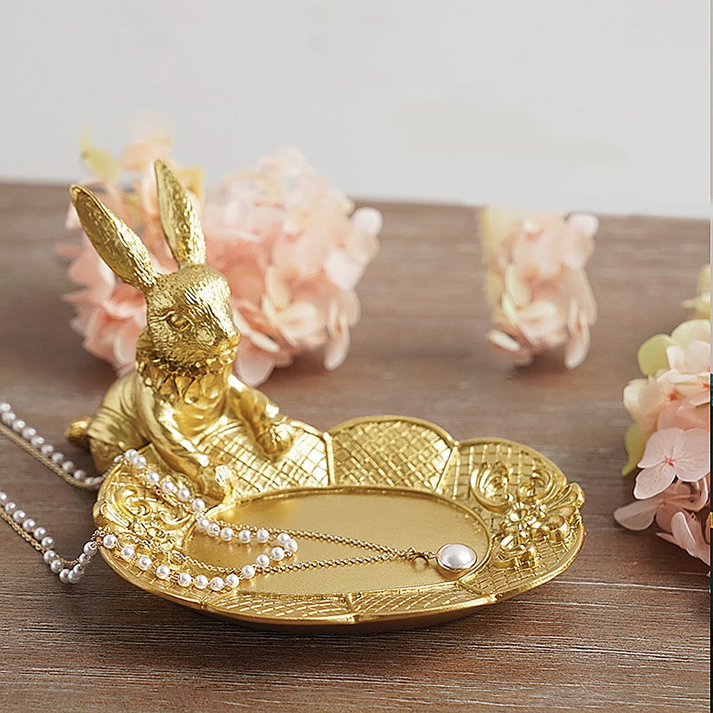 Adorable Bunny Ring Holder Jewelry Tower Resin Golden Dish Plate Jewel Display Organizer Trinket Tray, Lovely Rabbit