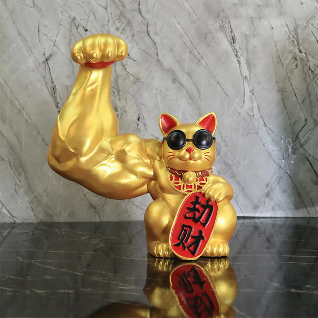 Resin Muscle Arm Lucky Cat Statue Figurines Feng Shui Animal Crafts Office Room Shop Home Door Interior Decoration Accessories