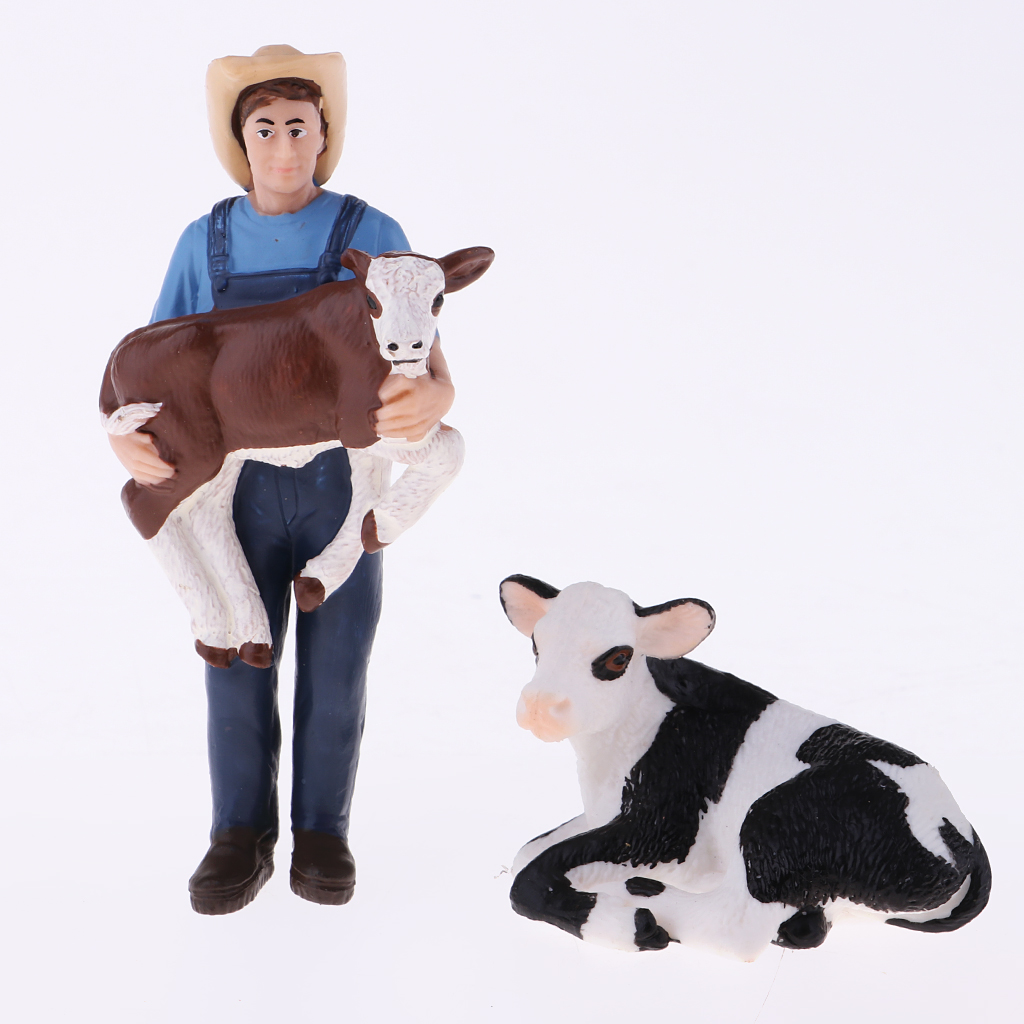 Mini Simulation Farm Animals Toys Set Educational Resource - Farmer & 4 Cows
