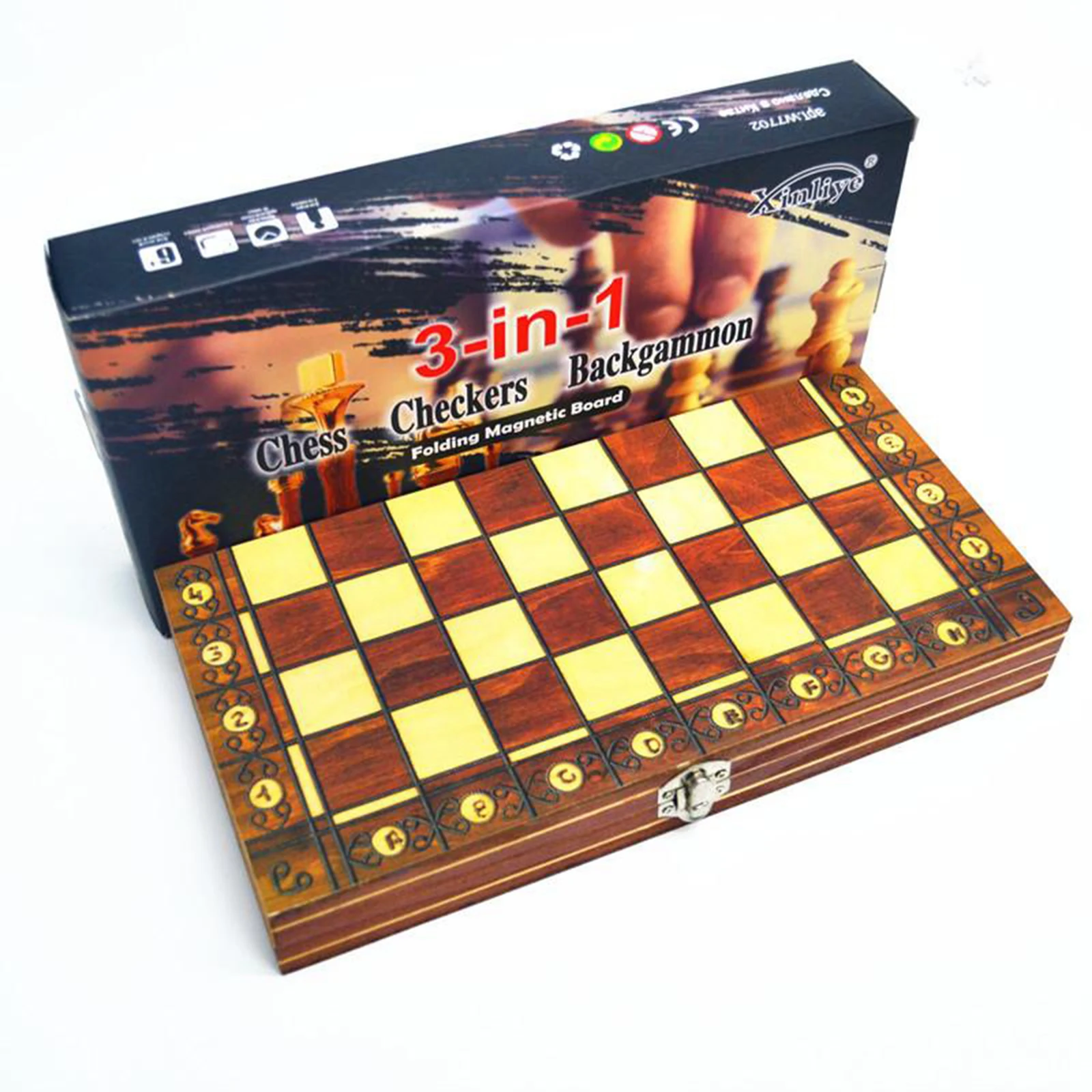 Kids Magnetic Wooden Chess Backgammon Checkers 3 in 1 Chess Game Toy Set 39cm