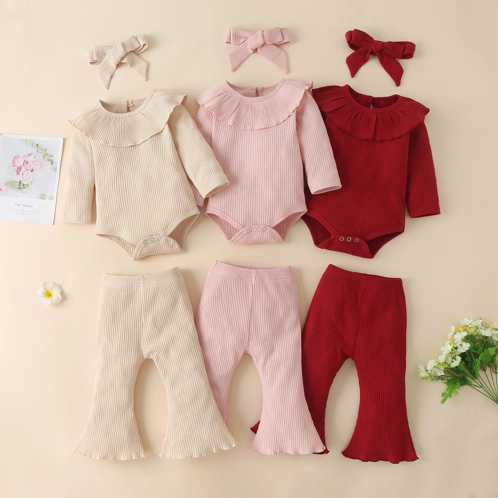 Infant Baby Girls Three-piece Clothes Set, Solid Color Romper, Flared Pants and Headdress, Red/ Pink/ Beige baby dress and set