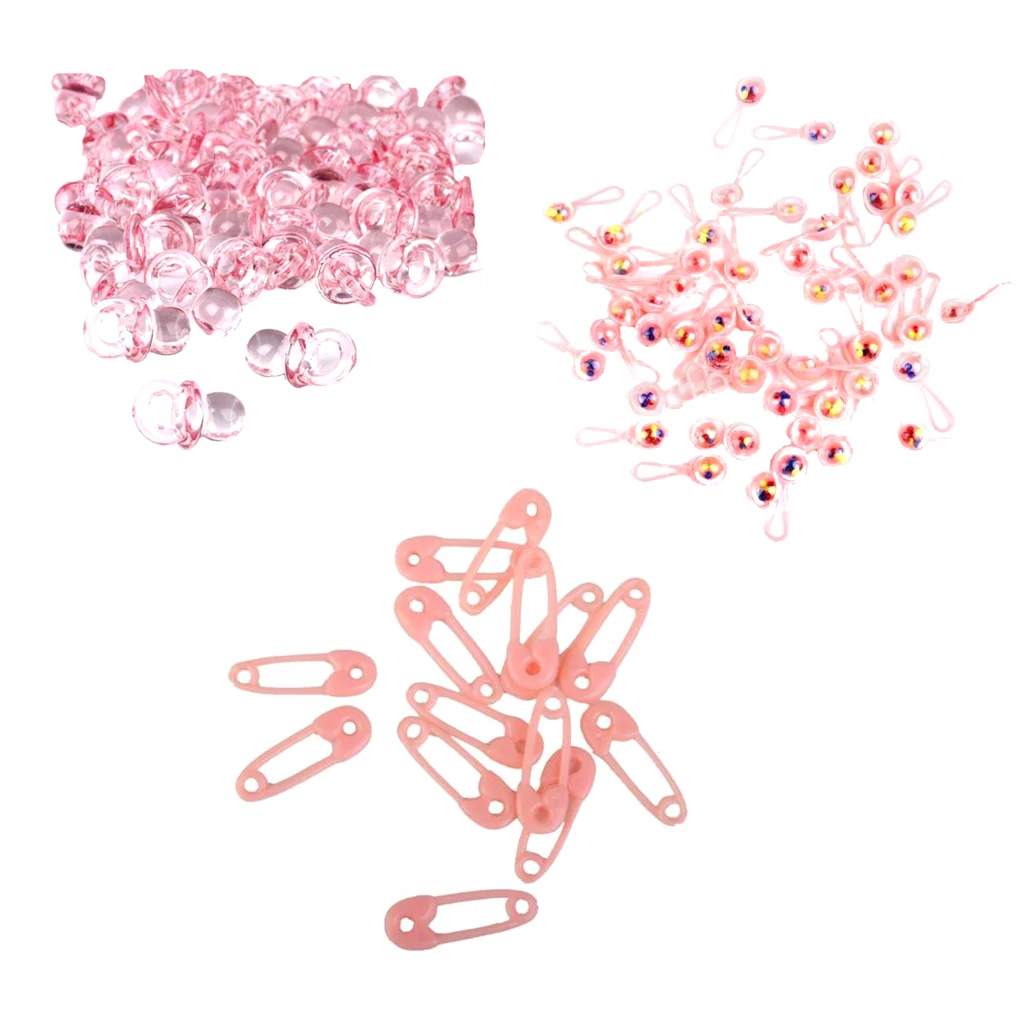 50pcs Mini Rattles 50pcs Safety Pins 50pcs Pacifier Charms Girl Baby Shower Favors Party Game Table Decoration Pink