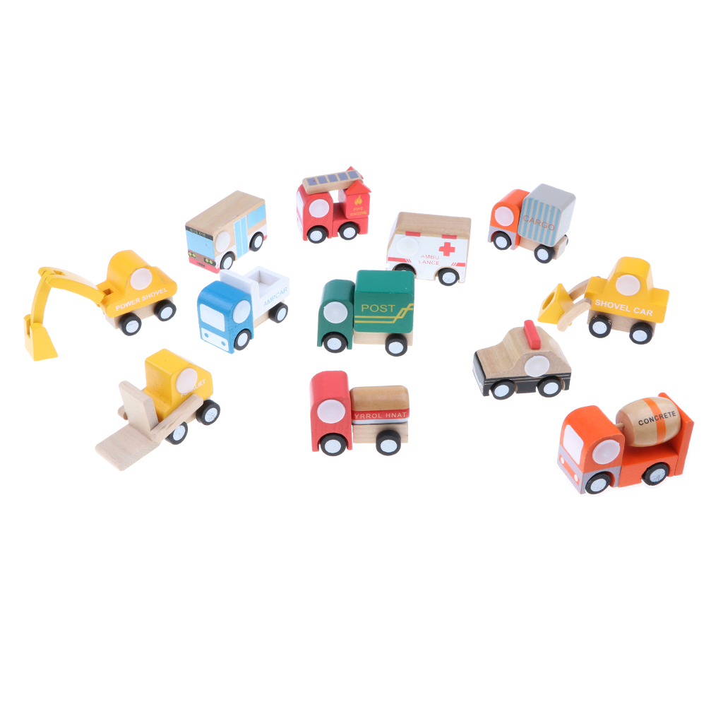 Wooden Urban Vehicle Set for Children - 12 Pieces, Truck, Bus, School Bus,