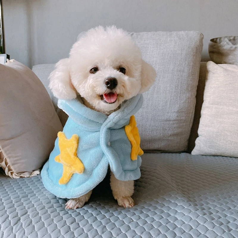 Un pequeño perro blanco que viste una prenda azul con dibujos de estrellas amarillas. El perro parece ser un Bichon Frise, una raza conocida por su pelaje rizado y esponjoso. El perro está parado sobre una cama con un edredón gris y hay almohadas al fondo.