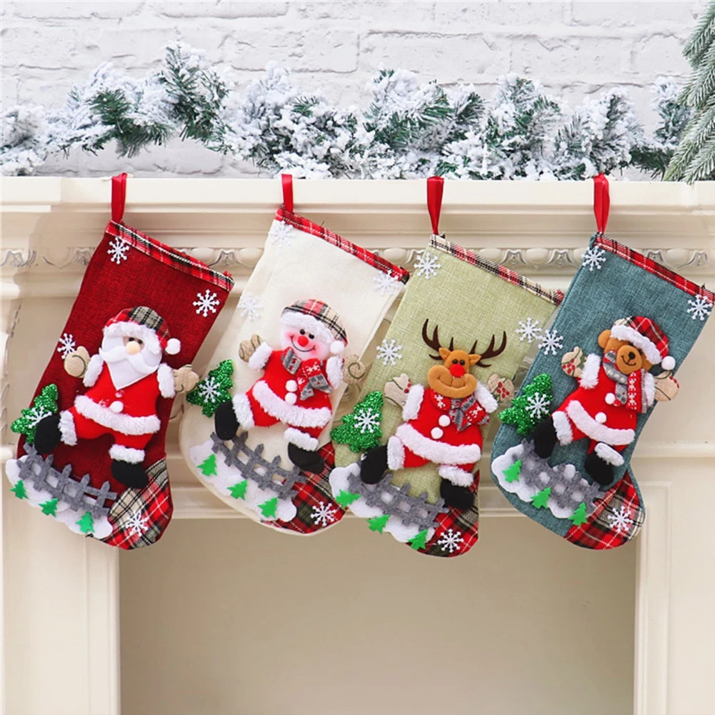 Christmas Stockings Vintage Christmas Tree Decoration Cute Santa Snowman Socks Gift & Candy Holder with Hang Loops 3 Pack