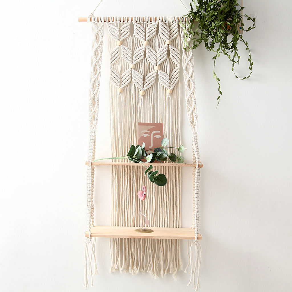 Bohemian Handwoven Tapestry Wall Hanging Shelf Decor 2 Tiers for Living Room Bedroom Picture Frame Home Storage Organizer