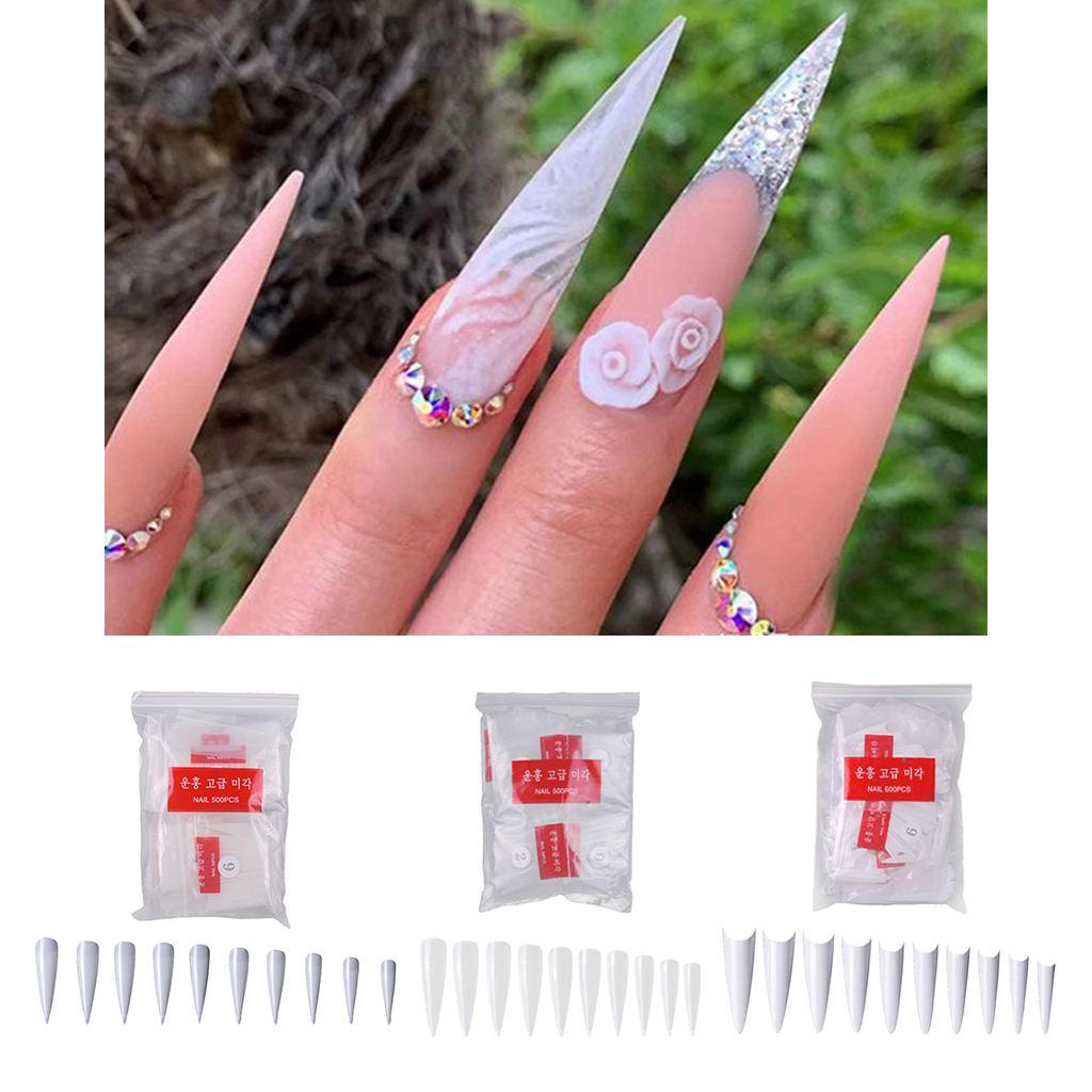 600 Stiletto Tips False Nail Full Cover Long Clear Natural White