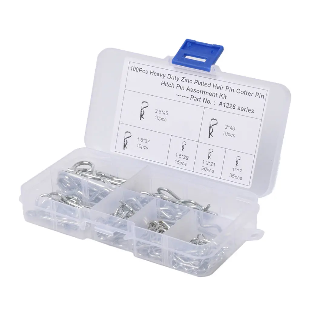 R Cotter Pin Tractor Pin Clip Assortment Fastener Set 6 Different Sizes with Plastic Box Set of 100pcs