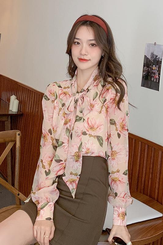 femme primavera chiffon camisa blusa floral laço