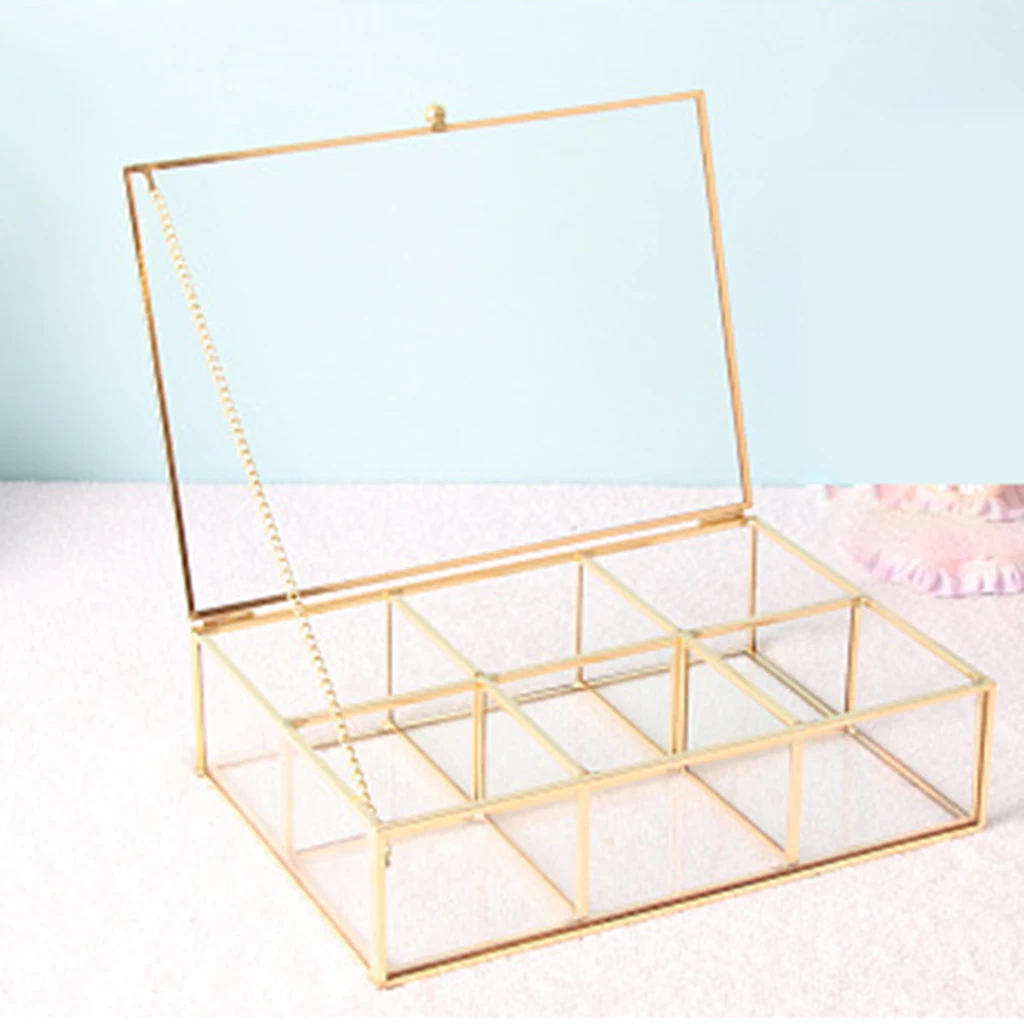 Retro Golden Jewellery Box Lidded Metal Clear Display Lipstick Rings Storage Bedroom Decor