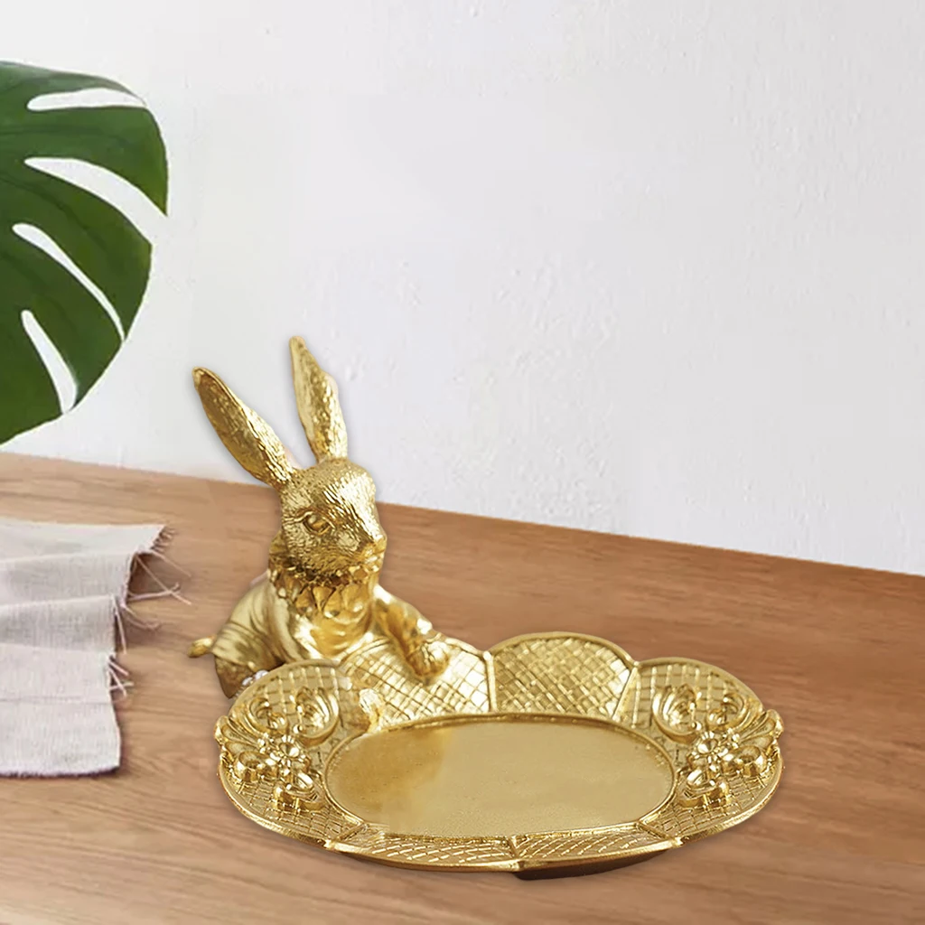 Adorable Bunny Ring Holder Jewelry Tower Resin Golden Dish Plate Jewel Display Organizer Trinket Tray, Lovely Rabbit