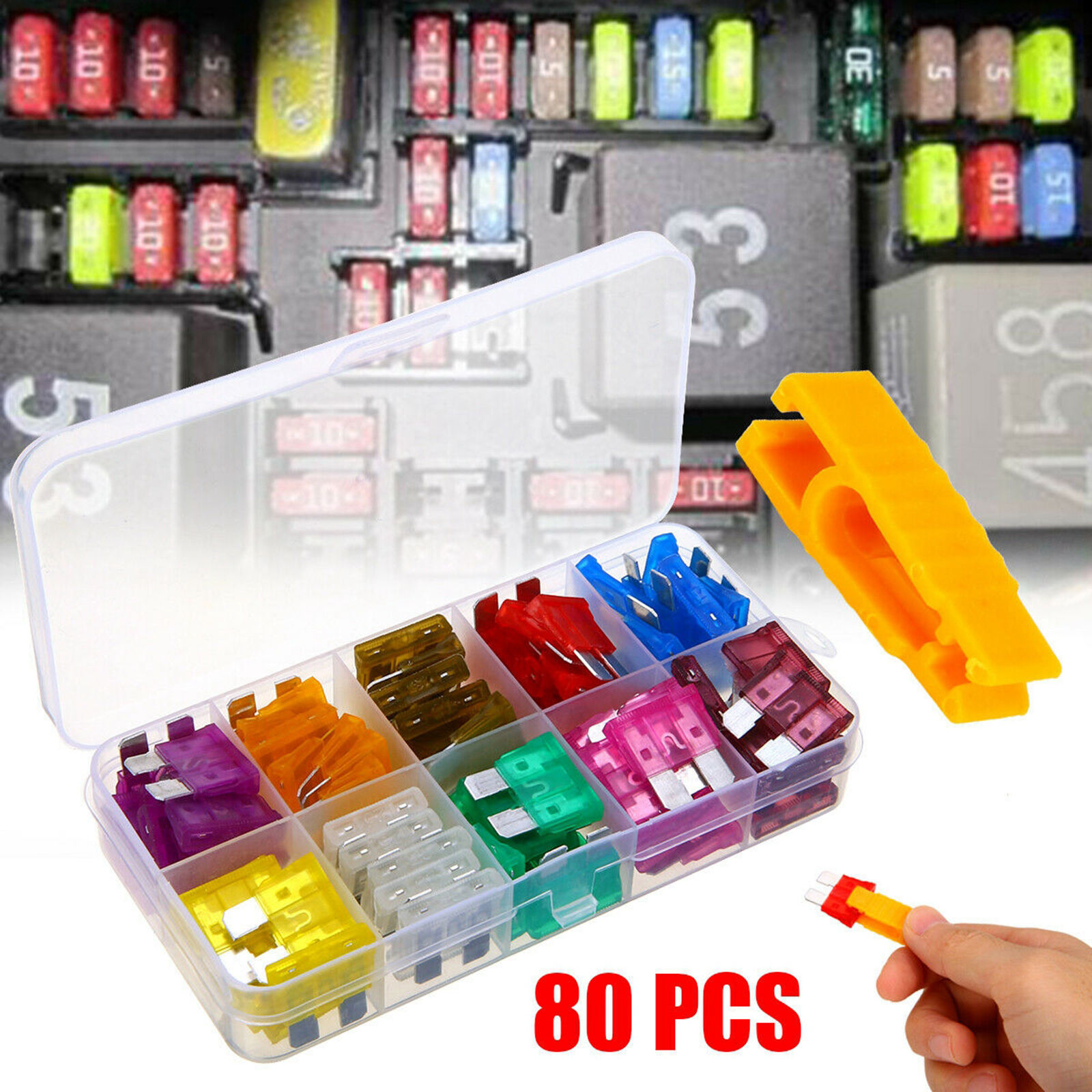 80pcs 12V Standard Blade Car Fuses Auto Medium Blade Fuses Kit 3A~40A Assorted Set with A Puller Set