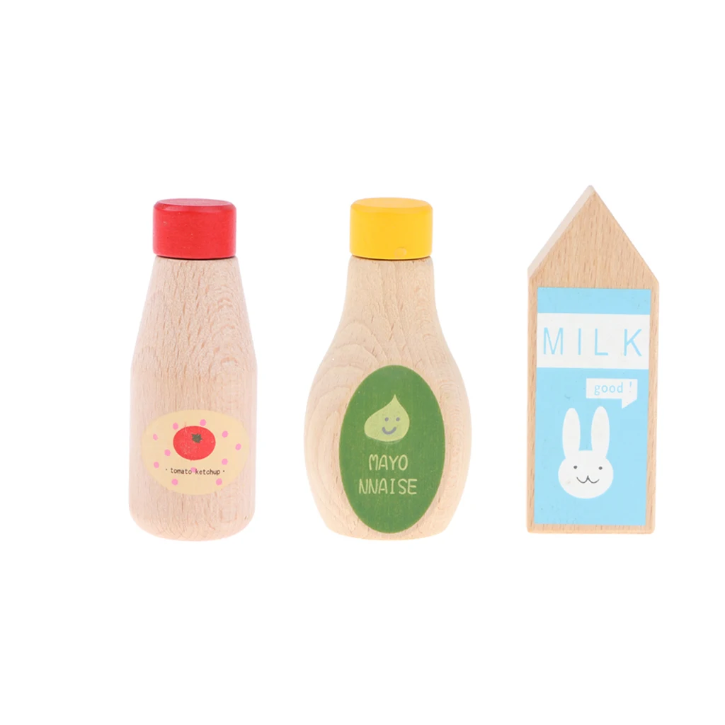 3pcs Kid Kitchen Pretend Toy Play House Wooden Tomato Ketchup Milk Bottles