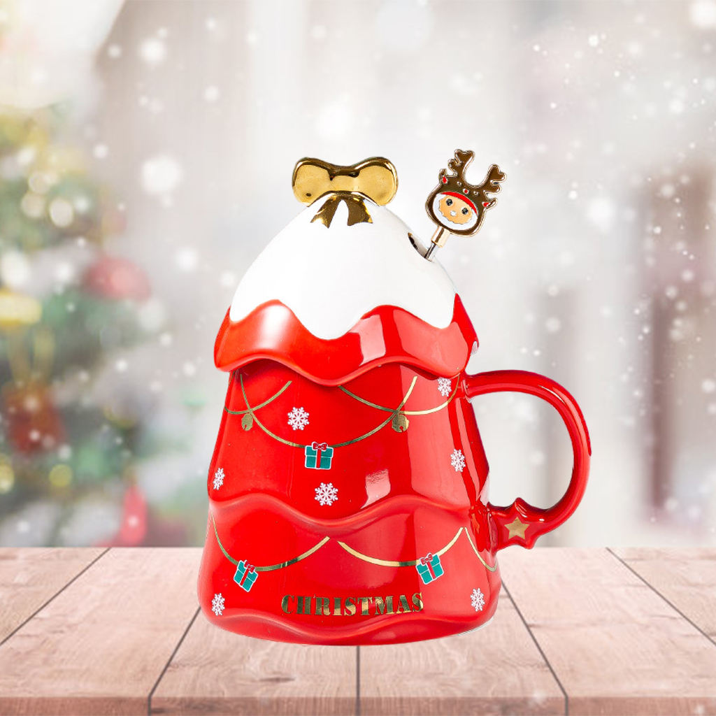 1PC Decorative Christmas Tree Coffee Mug 17oz Painted with Lid Novelty Drinking Mug Tea Cup for Daily use Men Women