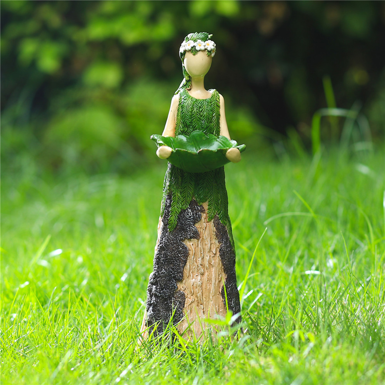 Outdoor Garden Fern Angel Goddess Fairy Statuary with Bird Feeder Resin Ornament 11 inches Tall