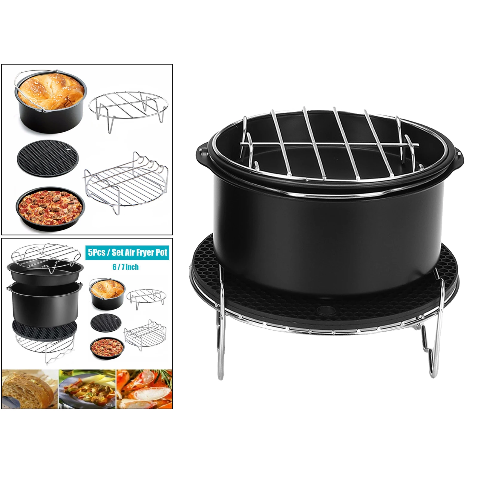 6 Inches Air Fryer Accessories Pizza Tray Grill Toast Rack Steam Rack Insulation Pad 3.2QT-5.8QT Kitchen Tools