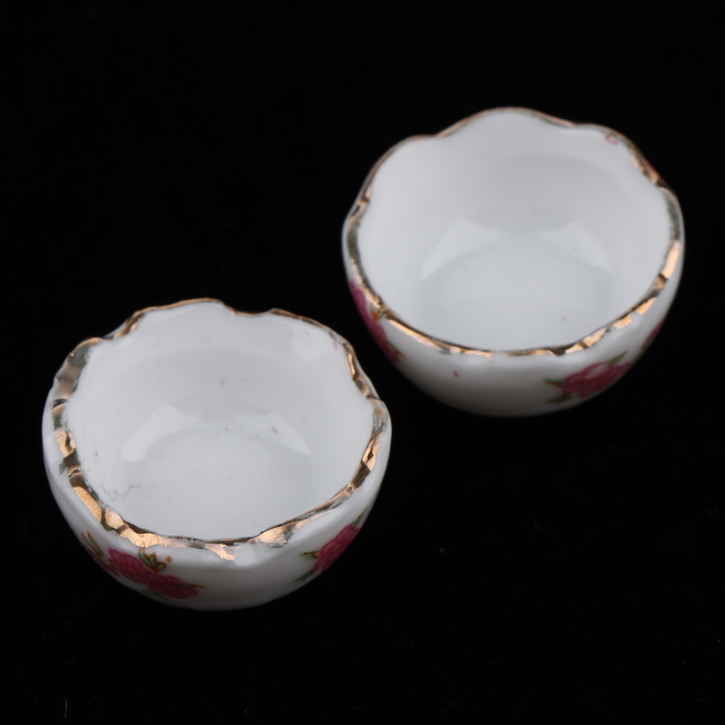 2 Pieces 1/12 Dollhouse Miniature Floral Ceramic Bowl Fruit Dishes Dinnerware Accessories