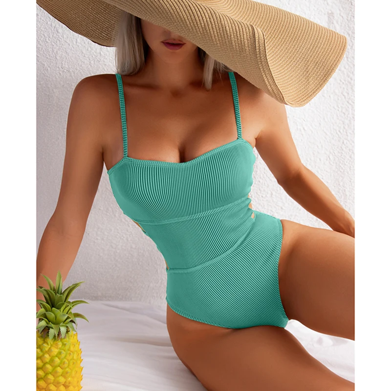 High Cut One Piece Solid Swimsuit
