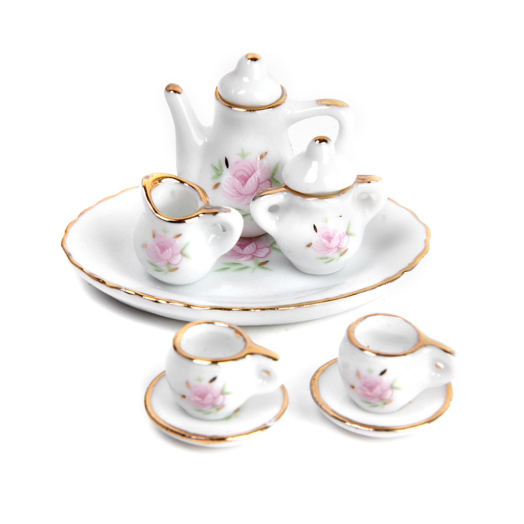 Impressão com Guarnição Bonecas Casa Miniatura Porcelana Chá Conjunto Rosa Flor Dourada 8 Pçs 4 8 pçs bonecas casa miniatura porcelana chá