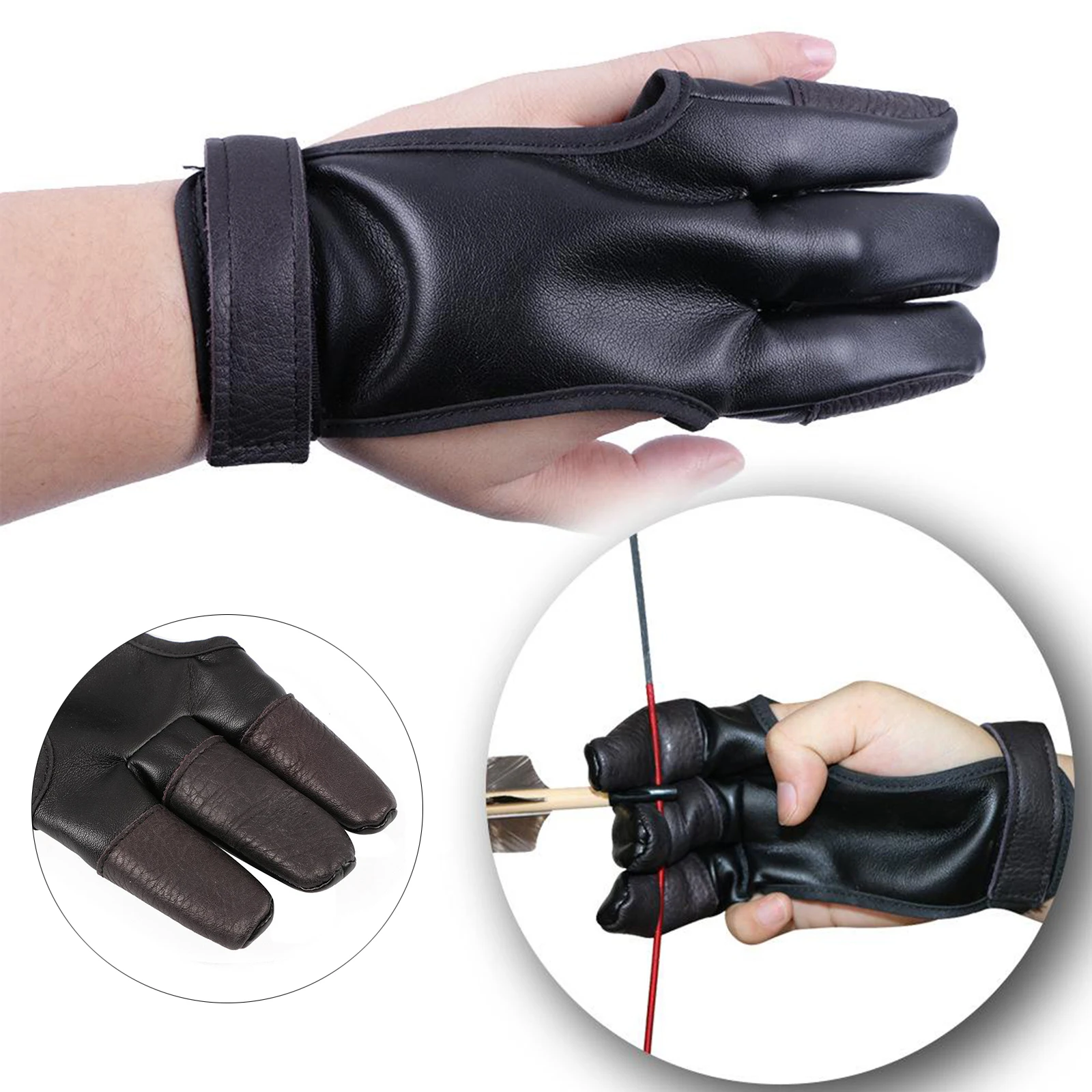 Archery Gloves Black PU Leather Three Finger Compound Bow Durable Cow Leather Finger Protective Glove for Hunting Shooting