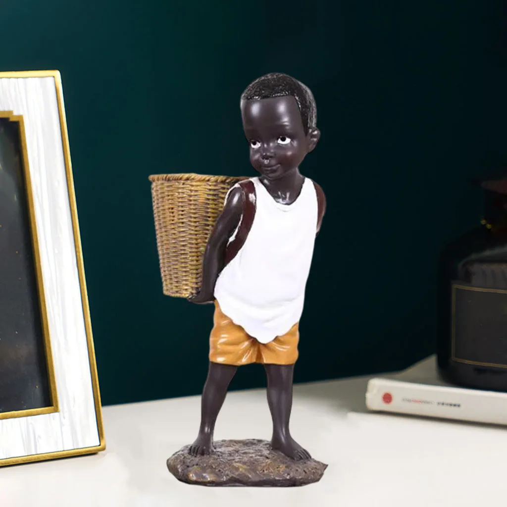 African Figurines, Little Boy Decorative Sculpture Flower Vase Home Centerpieces for Dining Room Table Tribal Kid Statue Gift