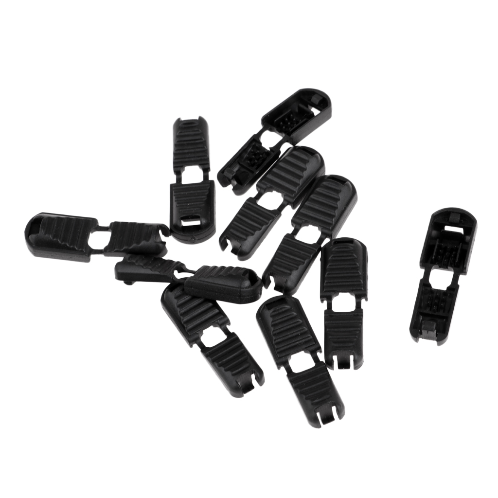 10x Black Plastic Zipper Pull Cord Ends Lock Stopper for Travel Packages, Hard Nylon Plastic, Detachable and Reusable