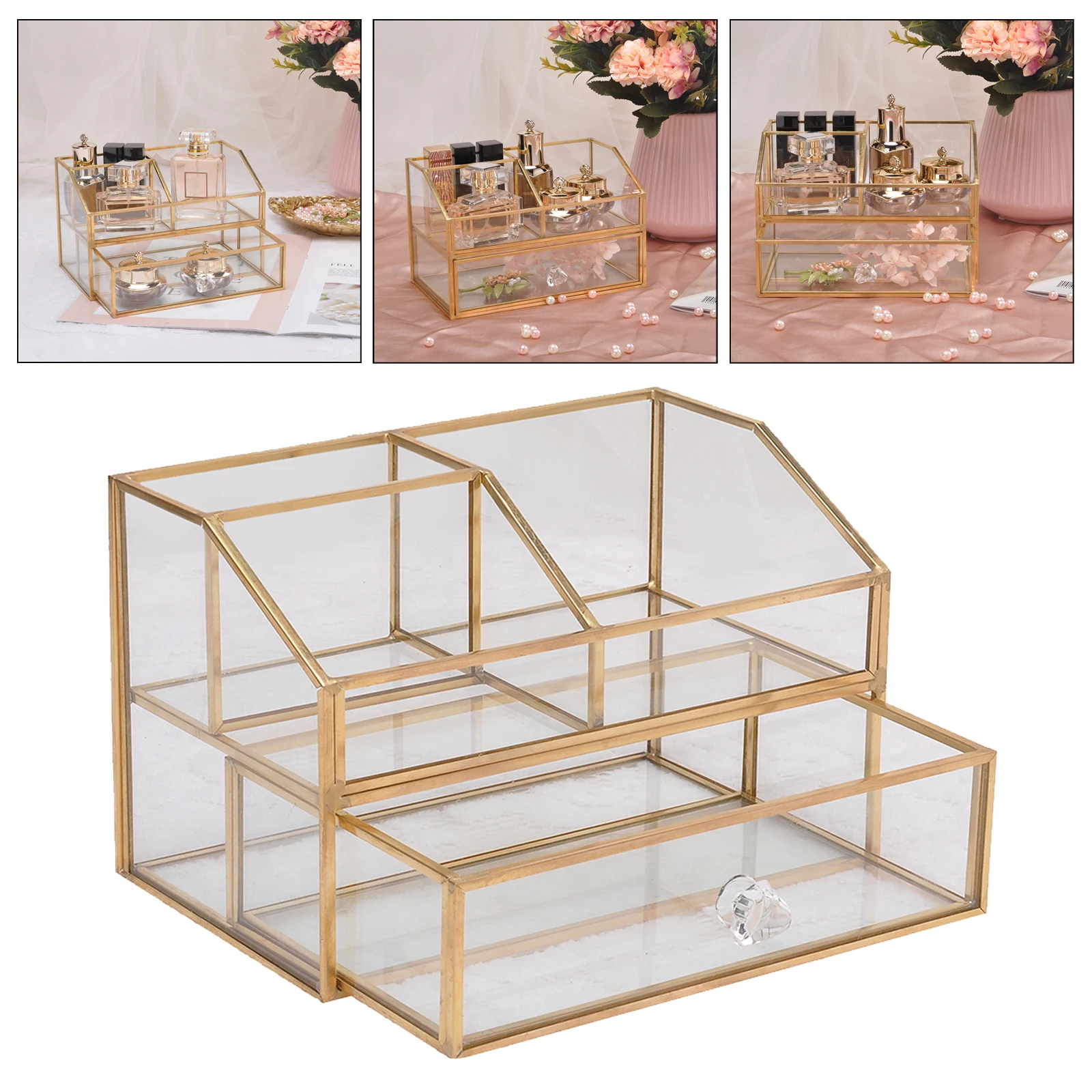 Cosmetics Display Box Jewelry Case Holder Clear Glass Tiered Organizer Makeup Tools Storage Container Holder Decorative Box