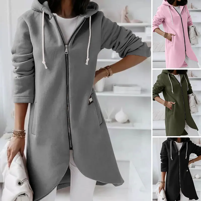 New Women's Autumn and Winter New Personality Street Sweater Zipper Hooded Long Sweater with Velvet   Womens Winter Tops Clothes