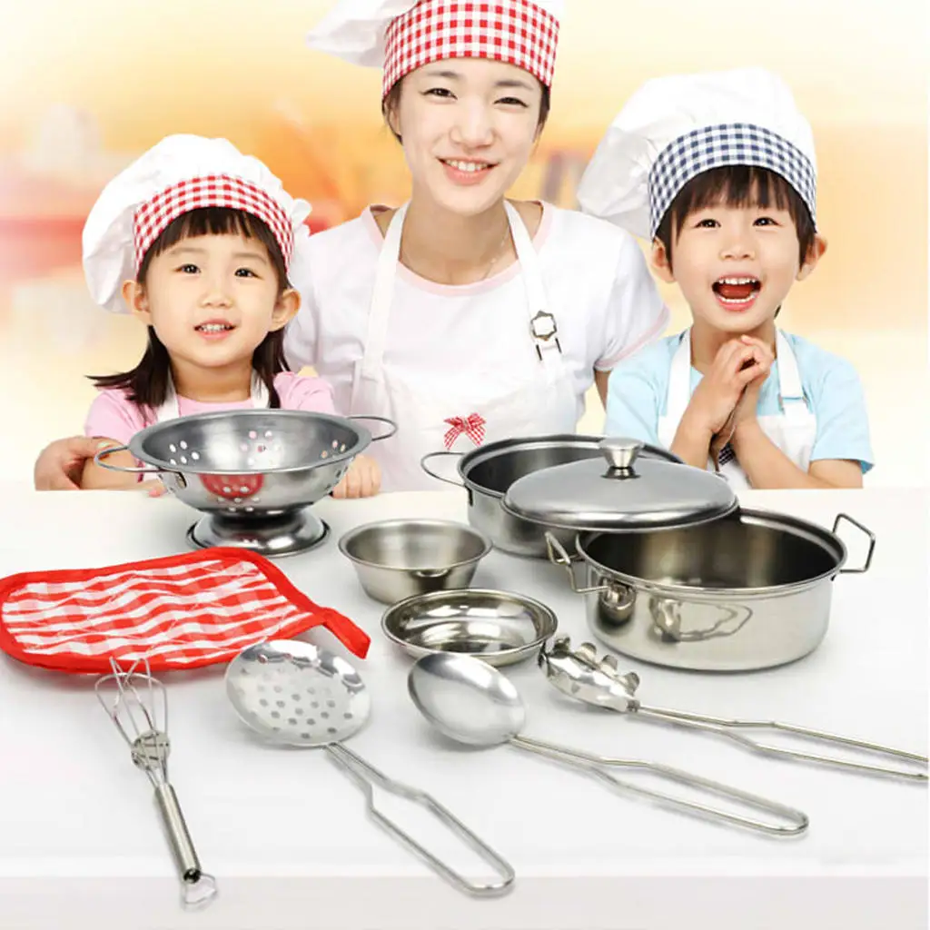 10Pcs Pretend Play Toys, Stainless Steel Kitchen Tools for Cooking