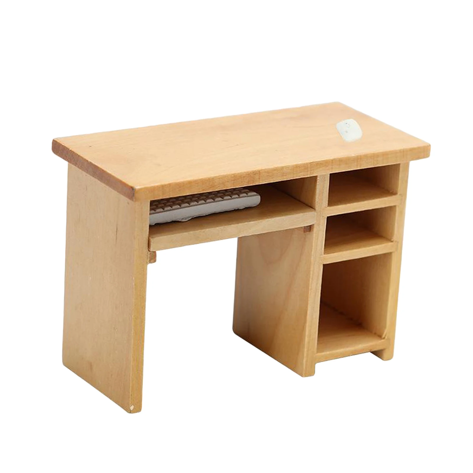 Cute Miniature Wooden Computer Desk with Mouse and Keyboard, 1:12 Scale