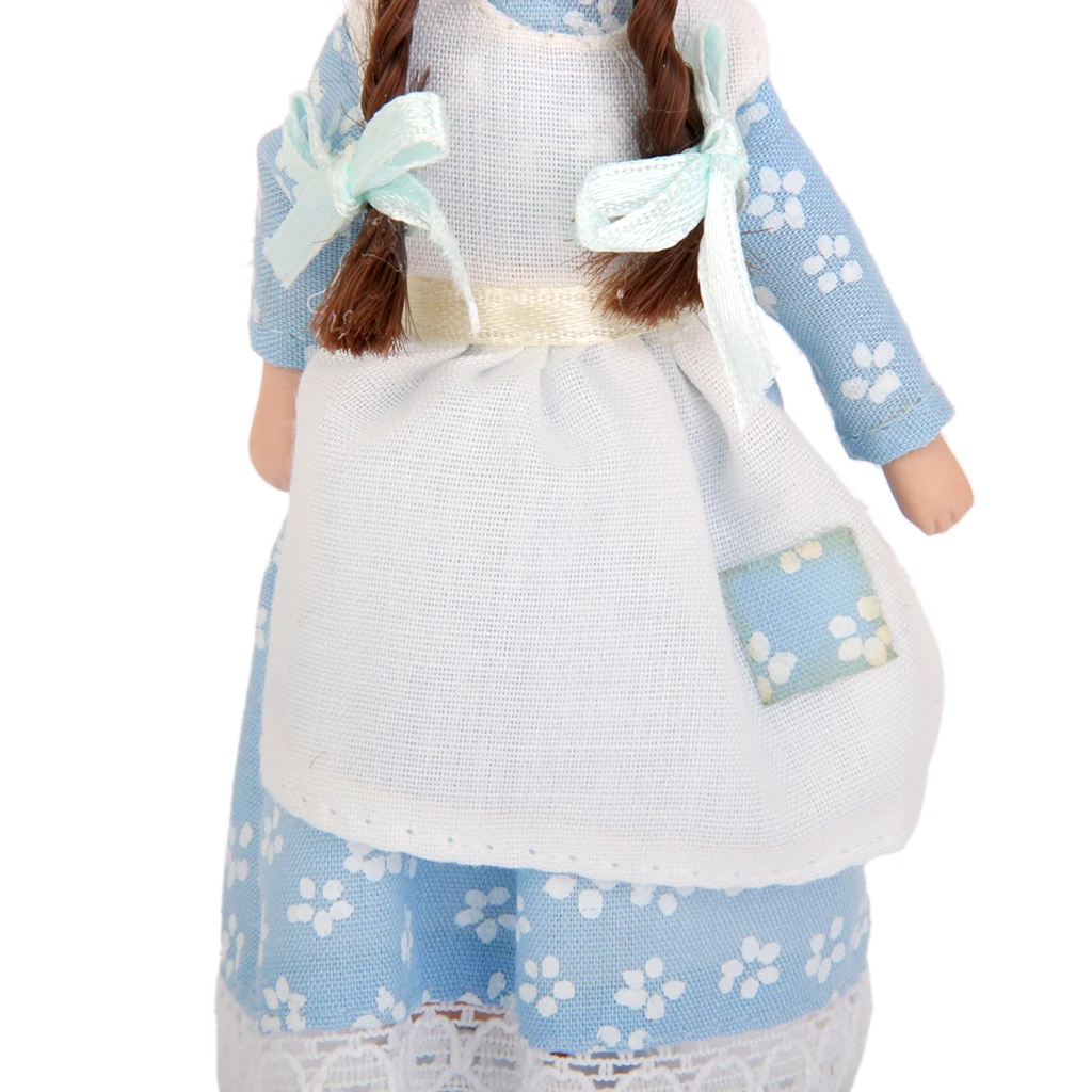 Porcelain Doll Little Girl Dollhouse Miniature 1:12 Scale in Blue Dress Display Stand Gifts