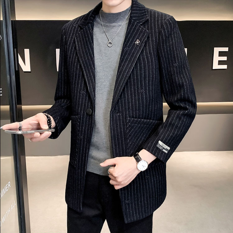 先行予約販売 メンズスーツジャケット ミドル丈ストライプ カジュアルスーツ ジャカード コート ストリートウェア 冬 21 激安ベストセラー商品 Dartem Org